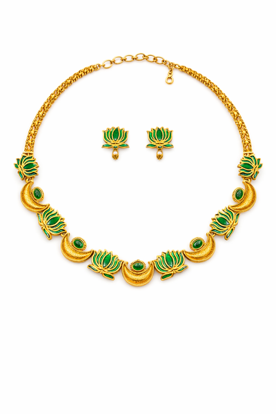 Green Lotus Motif Antique Gold Necklace Set