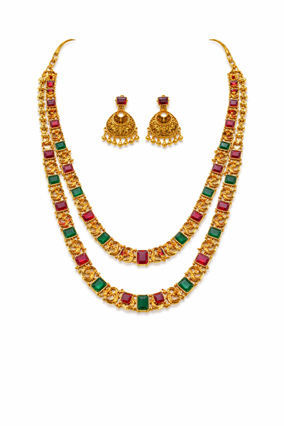 Traditional Ruby & Emerald Stone Double Layer Temple Necklace Set