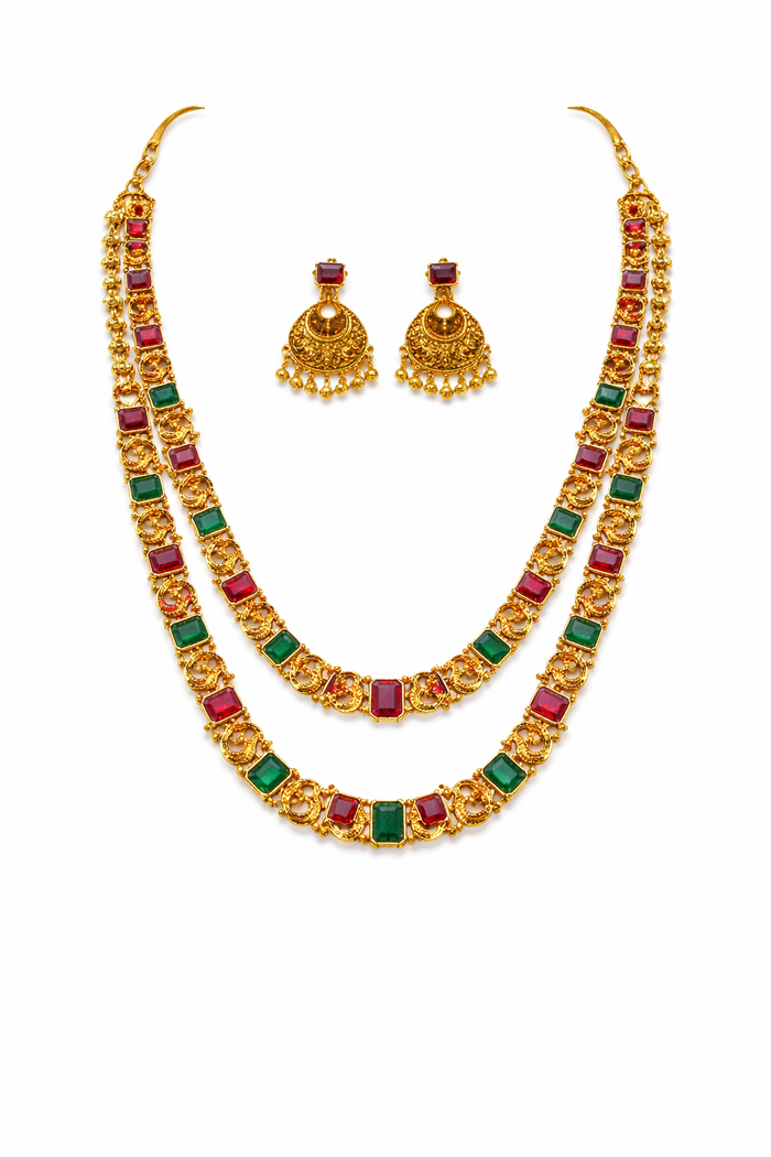 Traditional Ruby & Emerald Stone Double Layer Temple Necklace Set