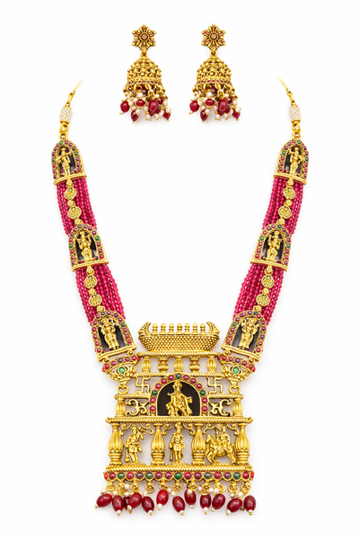 Premium Temple Jewellery Haram with Ruby Beads & Jhumka Earrings