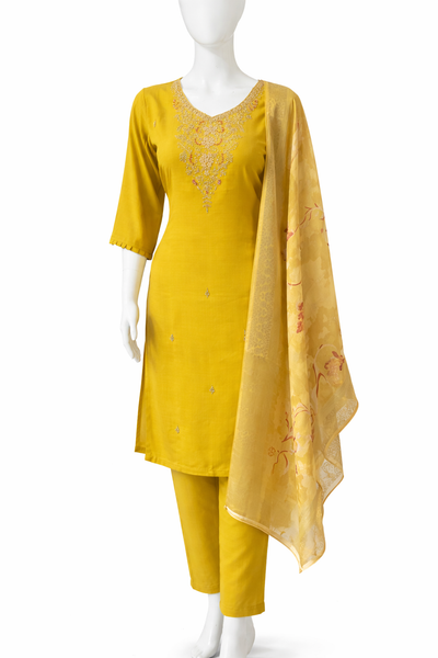 Mustard Yellow Embroidered Kurta Set with Pants & Dupatta – Festive Ethnic Wear for Women