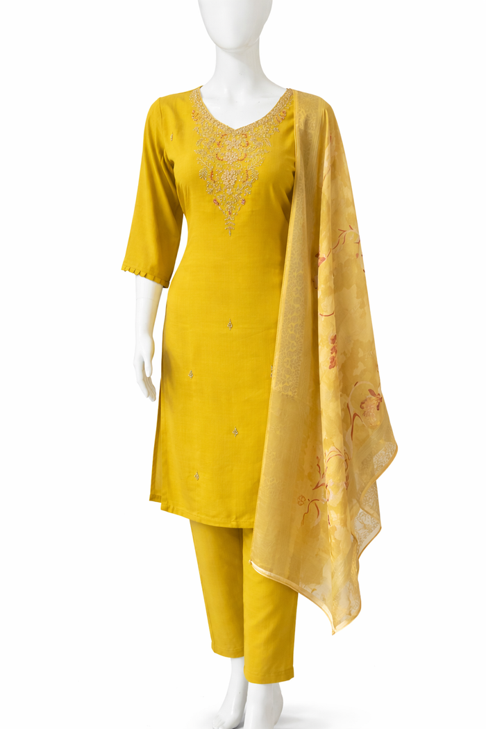 Mustard Yellow Embroidered Kurta Set with Pants & Dupatta – Festive Ethnic Wear for Women