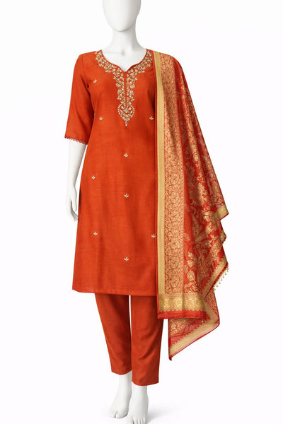 Rust Orange Embroidered Kurta Set with Pant & Jacquard Dupatta – Festive Ethnic Wear for Women
