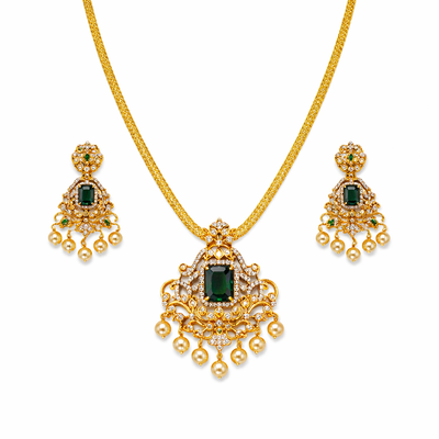 Emerald Stone Pendant Necklace Set with Pearl Drop Earrings