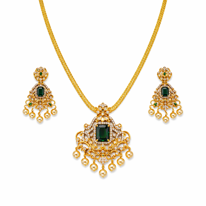 Emerald Stone Pendant Necklace Set with Pearl Drop Earrings