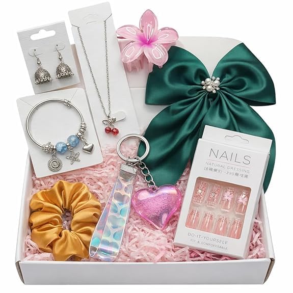 8-Piece Women’s Fashion Jewelry hamper & Hair Accessories Gift Set | Pendant Chain, Charm Bracelet, Oxidised Jhumki Earrings | Satin Hair Bow, Scrunchie & Big Flower Claw Clip | Random Colors & Designs, Raksha Bandhan - Rakhi Gift