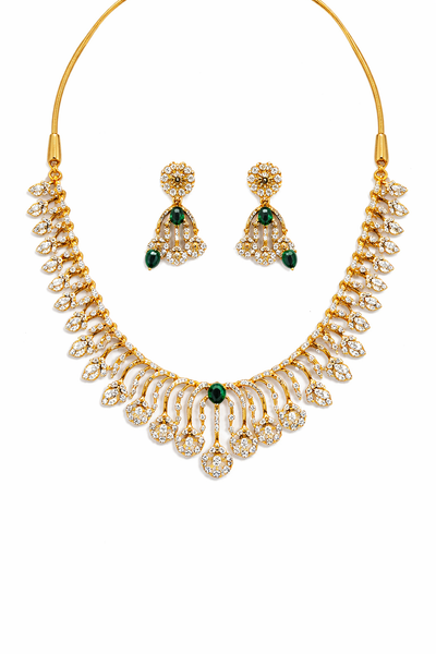 Emerald Stone Diamond-Style Necklace Set with Matching Earrings