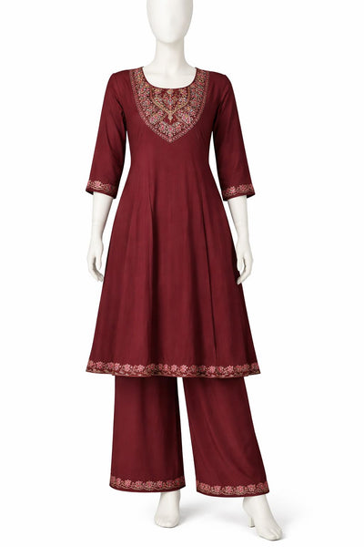 Maroon Embroidered Kurta Set with Palazzo & Designer Dupatta – Festive Ethnic Wear for Women