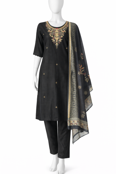 Black Embroidered Kurta Set with Pant & Dupatta – Elegant Ethnic Wear for Women