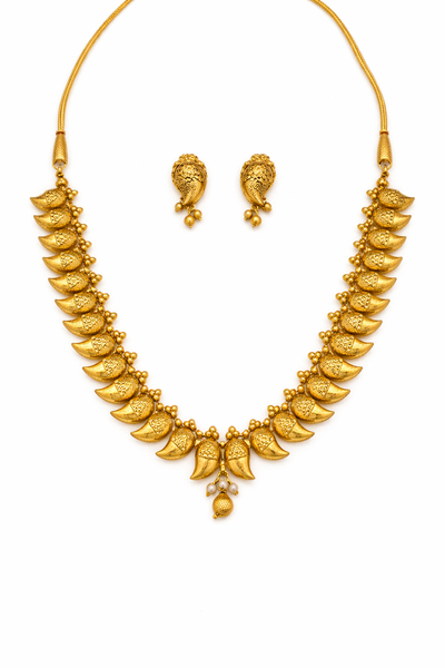 Traditional Gold Mango Design Necklace Set with Matching Earrings