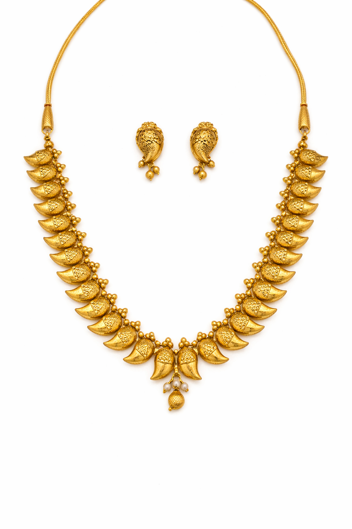 Traditional Gold Mango Design Necklace Set with Matching Earrings