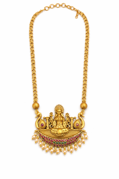 Lakshmi Temple Pendant Necklace with Pearl Drops
