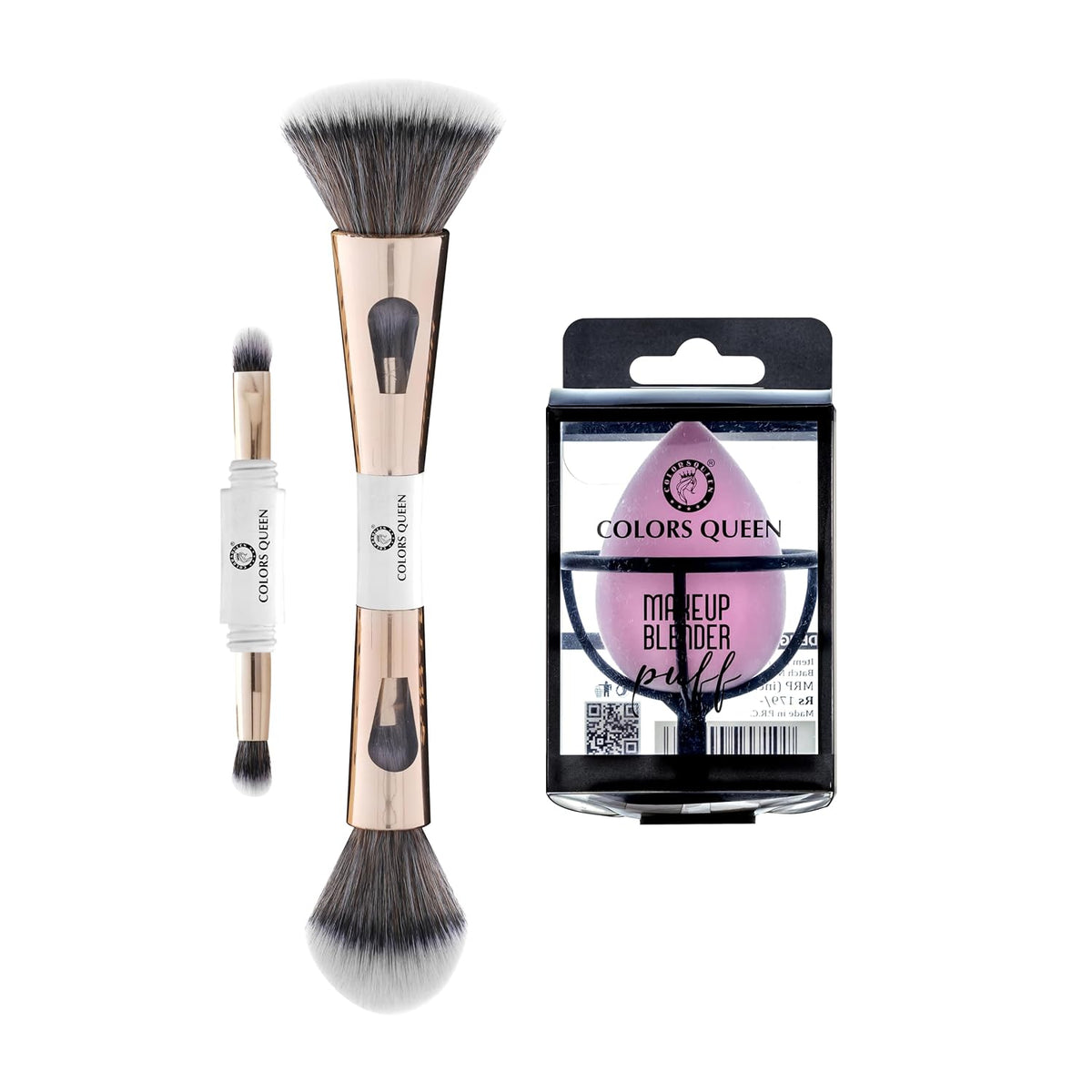 Colors Queen 4 in 1 Makeup Brush with Blender Puff | Feathery Soft Bristles Makeup Brush for Women | Reusable Beauty Blender Face Sponge Puff | Foundation, Powder, Eyeshadow Blending Brush