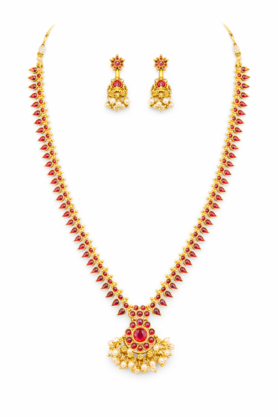 Elegant Ruby Stone Long Haram Necklace Set
