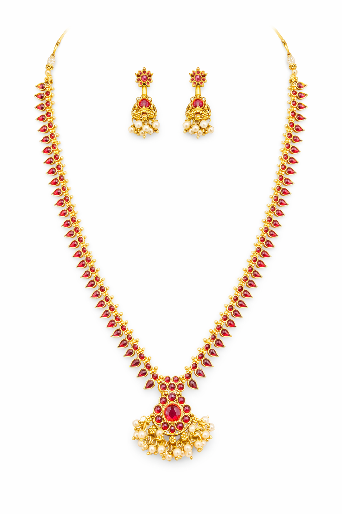 Elegant Ruby Stone Long Haram Necklace Set