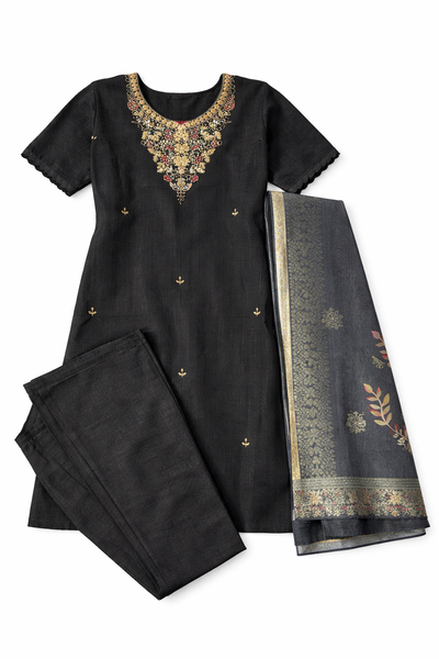Black Embroidered Kurta Set with Pant & Dupatta – Elegant Ethnic Wear for Women