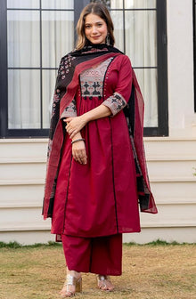 Women's Pure Cotton A-Line Kurta Set with Palazzo Pants & Dupatta|Ethnic wear|Kurti Suit Set for Women