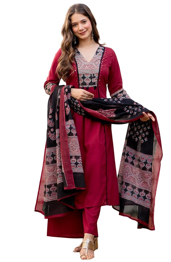 Women's Pure Cotton A-Line Kurta Set with Palazzo Pants & Dupatta|Ethnic wear|Kurti Suit Set for Women