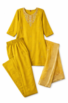 Mustard Yellow Embroidered Kurta Set with Pants & Dupatta – Festive Ethnic Wear for Women