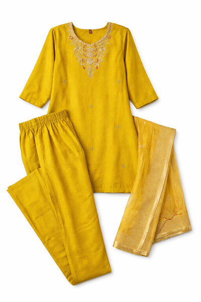 Mustard Yellow Embroidered Kurta Set with Pants & Dupatta – Festive Ethnic Wear for Women