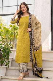 Women's Pure Cotton Straight Kurta Set with Palazzo Pants & Dupatta|Ethnic wear|Kurta Set for Women