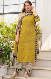 Women's Pure Cotton Straight Kurta Set with Palazzo Pants & Dupatta|Ethnic wear|Kurta Set for Women