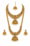 Grand Lakshmi Temple Bridal Necklace Set with Long Haram & Pearl Drops