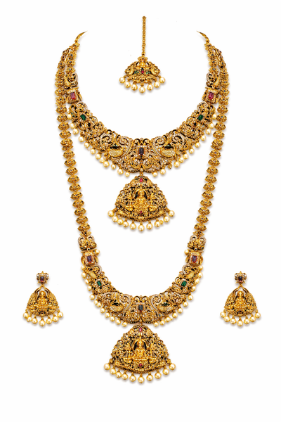 Grand Lakshmi Temple Bridal Necklace Set with Long Haram & Pearl Drops
