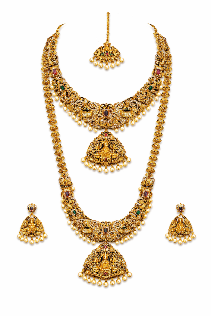 Grand Lakshmi Temple Bridal Necklace Set with Long Haram & Pearl Drops