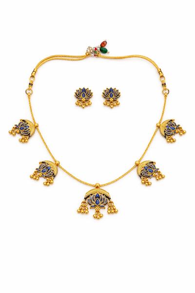 Blue Lotus Charm Temple Necklace Set with Matching Earrings