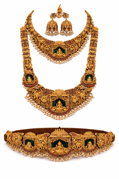 Grand Lakshmi Temple Bridal Jewellery Set with Long Haram & Waist Belt