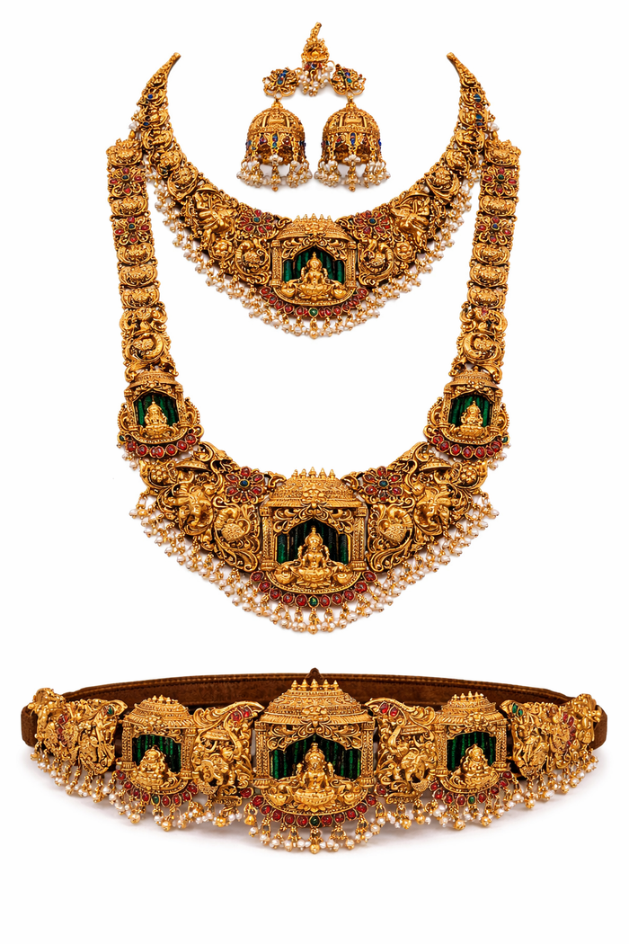Grand Lakshmi Temple Bridal Jewellery Set with Long Haram & Waist Belt