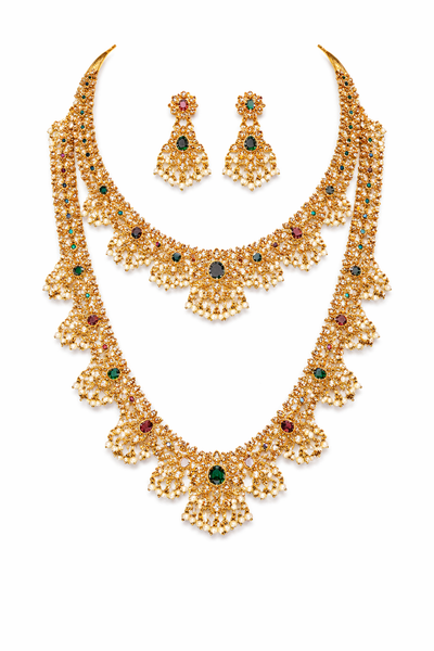 Traditional Kundan Bridal Necklace Set with Long Haar & Pearl Drops