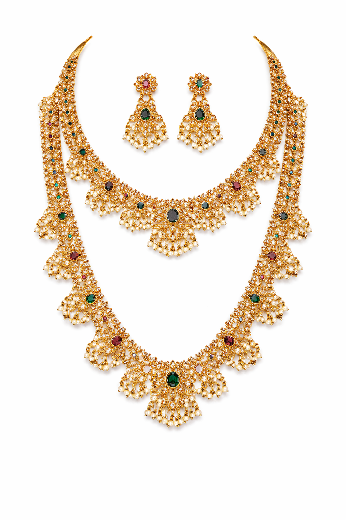 Traditional Kundan Bridal Necklace Set with Long Haar & Pearl Drops