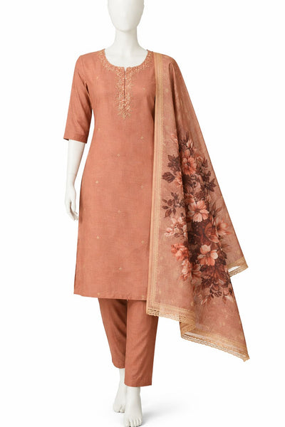Dusty Peach Kurta Set with Pant & Floral Printed Dupatta – Elegant Ethnic Wear for Women