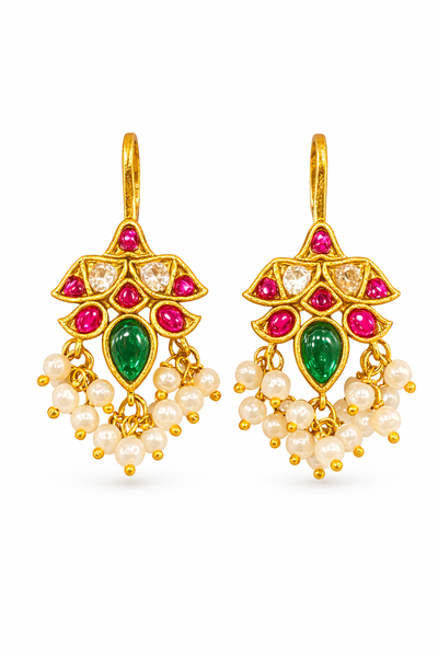 Traditional Ruby & Emerald Stone Pearl Drop Earrings
