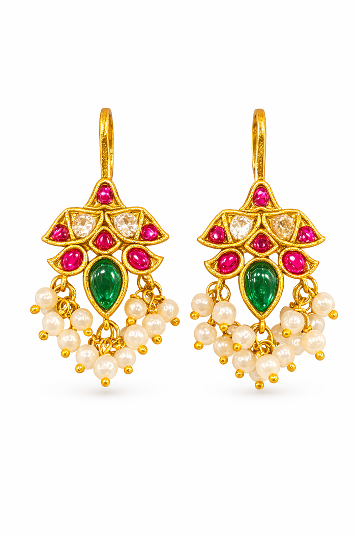 Traditional Ruby & Emerald Stone Pearl Drop Earrings