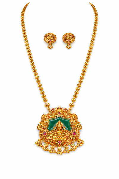 Lakshmi Temple Pendant Necklace with Green Stone
