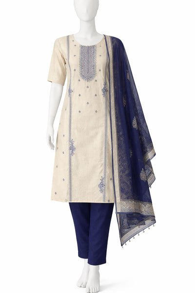 Cream Embroidered Kurta Set with Navy Blue Pant & Dupatta – Elegant Ethnic Wear for Women