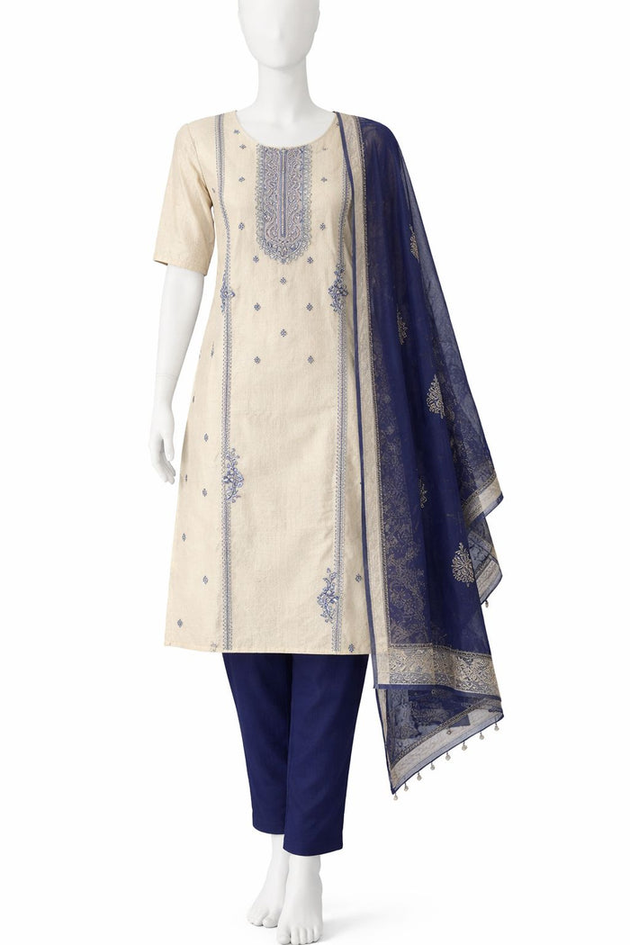 Cream Embroidered Kurta Set with Navy Blue Pant & Dupatta – Elegant Ethnic Wear for Women