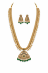 Elegant Green Stone Temple Long Haram Necklace Set with Chandbali Earrings