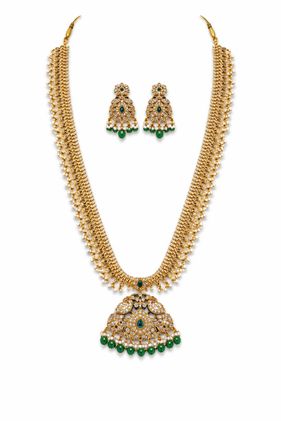Elegant Green Stone Temple Long Haram Necklace Set with Chandbali Earrings