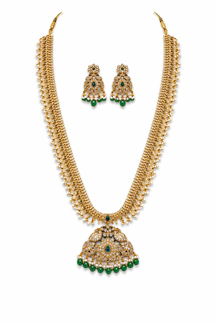 Elegant Green Stone Temple Long Haram Necklace Set with Chandbali Earrings
