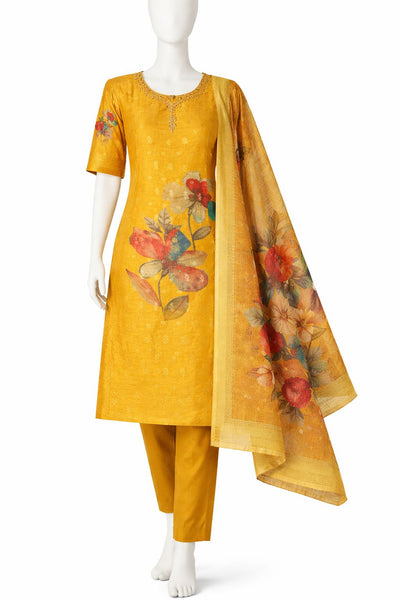 Mustard Yellow Floral Kurta Set with Pant & Printed Dupatta – Festive Ethnic Wear for Women