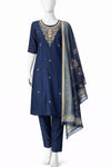 Navy Blue Embroidered Kurta Set with Pant & Dupatta – Elegant Ethnic Wear for Women