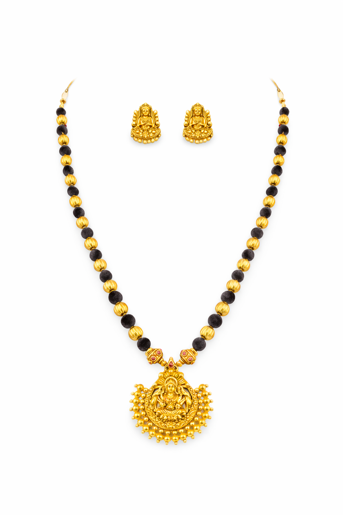 Lakshmi Pendant Black Bead Temple Necklace with Lakshmi Stud Earrings