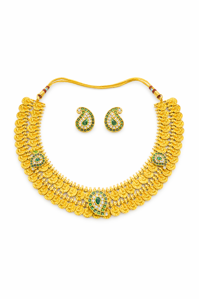 Traditional Lakshmi Coin Temple Necklace with Paisley Pendant & Stud Earrings