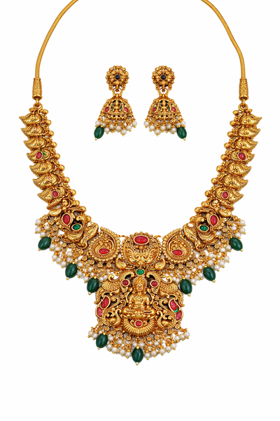 Grand Lakshmi Temple Necklace Set with Jhumka Earrings