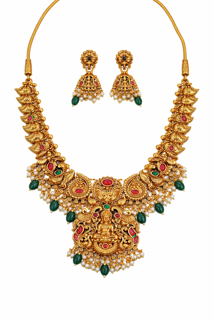 Grand Lakshmi Temple Necklace Set with Jhumka Earrings
